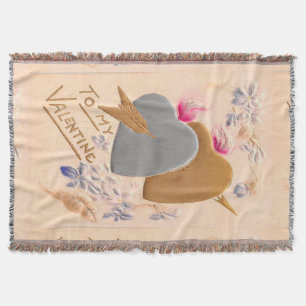 Vintage Silver & Gold Hearts Valentine Postcard Throw Blanket