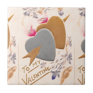 Vintage Silver & Gold Hearts Valentine Postcard Tile