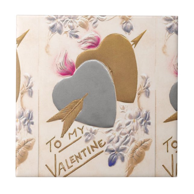 Vintage Silver & Gold Hearts Valentine Postcard Tile (Front)