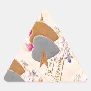 Vintage Silver & Gold Hearts Valentine Postcard Triangle Sticker