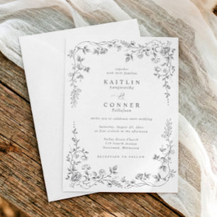 Vintage Silver Grey French Floral Elegant Wedding Invitation
