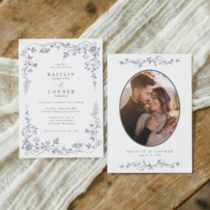 Vintage Silver Grey French Floral Wedding Photo Invitation
