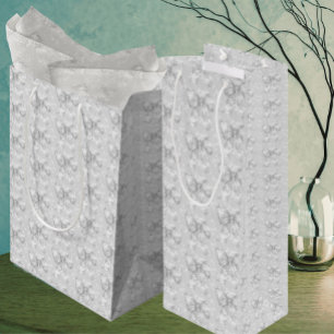 Vintage Silver Grey White Floral Toile Bows Medium Gift Bag
