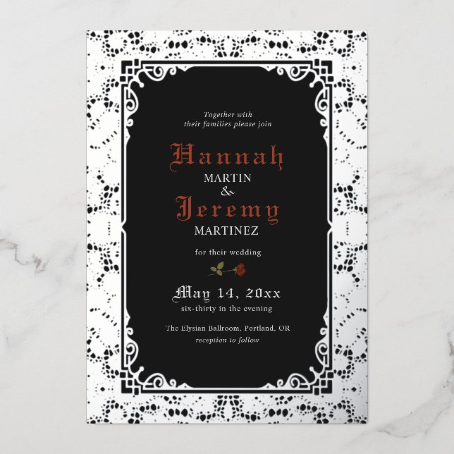 Vintage Silver Lace Elegant Black Foil Invitation (Front)