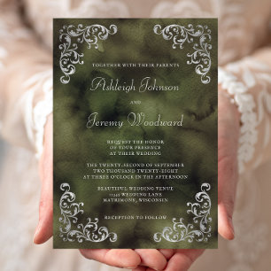 Vintage Silver Olive Green Watercolor Wedding Invitation