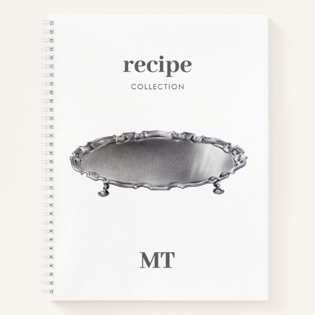 Vintage Silver Tray White Recipe Minimal Monogram  Notebook (Front)