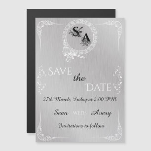 Vintage Silver & White Ornamental Border Wedding  Magnetic Invitation