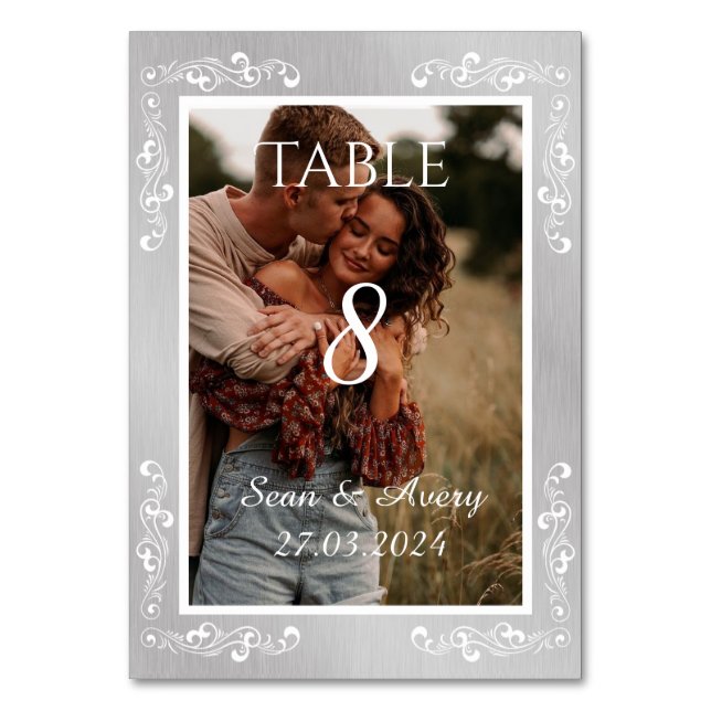 Vintage Silver & White Personalised Wedding Table Number (Front)