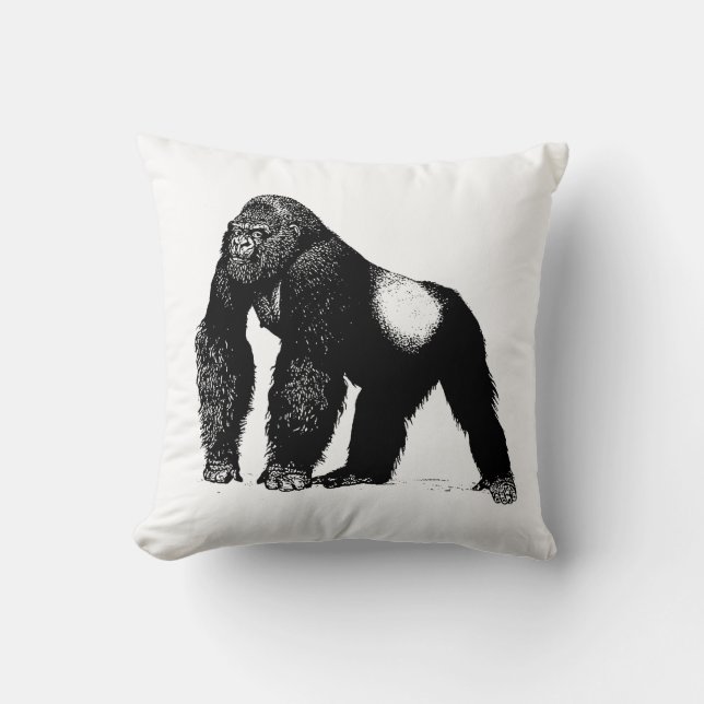 Vintage Silverback Gorilla Illustration, Black Cushion (Front)