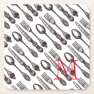 Vintage Silverware Classic Foodie Initial Square Paper Coaster