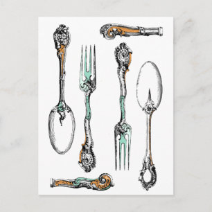 Vintage silverware, dining utensils postcard