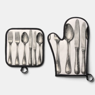 Vintage Silverware Ornate Flatware Kitchen Oven Mitt & Pot Holder Set