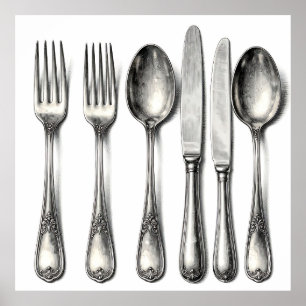 Vintage Silverware Ornate Flatware Kitchen  Poster