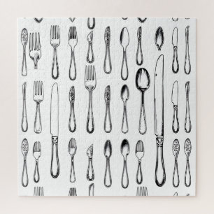 Vintage Silverware Sketch Pattern Elegant  Jigsaw Puzzle