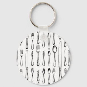 Vintage Silverware Sketch Pattern Elegant Key Ring