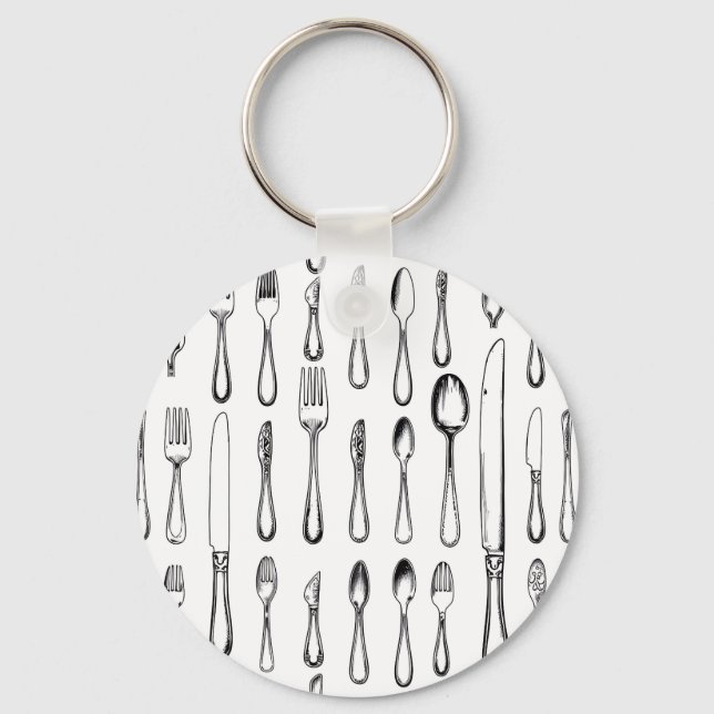Vintage Silverware Sketch Pattern Elegant  Key Ring (Front)