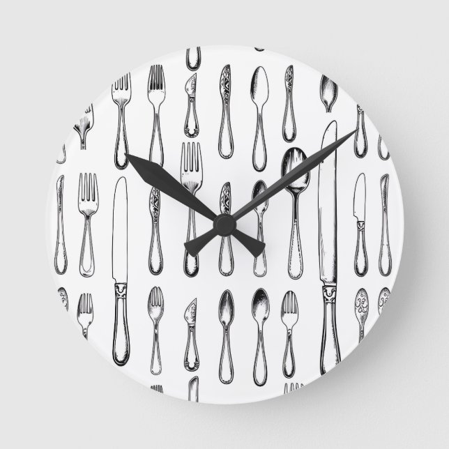 Vintage Silverware Sketch Pattern Elegant  Round Clock (Front)