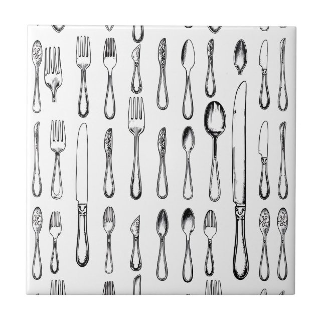 Vintage Silverware Sketch Pattern Elegant  Tile (Front)