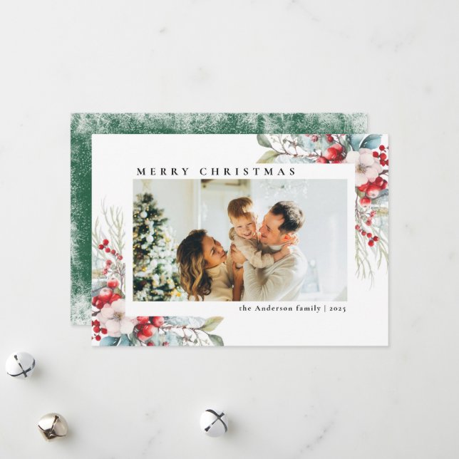 Vintage Simple Botanical Berries | Photo Christmas Holiday Card (Front/Back In Situ)