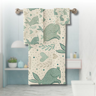 Vintage Simple Bunny Silhouettes Hearts Pattern Bath Towel Set