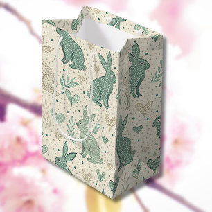 Vintage Simple Bunny Silhouettes Hearts Pattern Medium Gift Bag