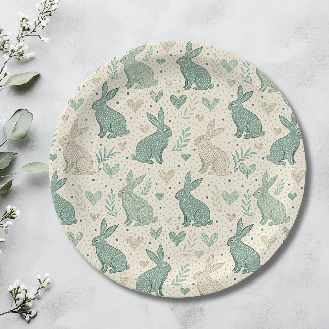 Vintage Simple Bunny Silhouettes Hearts Pattern Paper Plate (Creator Uploaded)