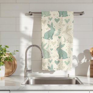 Vintage Simple Bunny Silhouettes Hearts Pattern Tea Towel