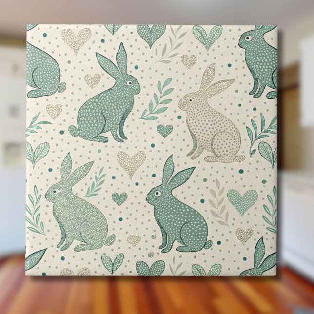 Vintage Simple Bunny Silhouettes Hearts Pattern Tile (Creator Uploaded)