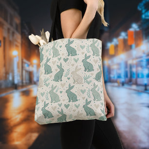 Vintage Simple Bunny Silhouettes Hearts Pattern Tote Bag
