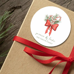 Vintage Simple Candy Cane Bow Peace Love Christmas Classic Round Sticker