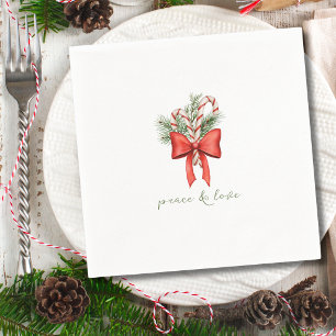 Vintage Simple Candy Cane Bow Peace Love Christmas Napkin