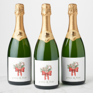 Vintage Simple Candy Cane Bow Peace Love Christmas Sparkling Wine Label