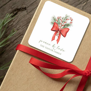Vintage Simple Candy Cane Bow Peace Love Christmas Square Sticker