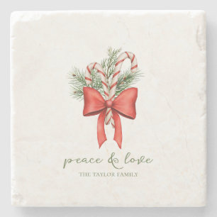 Vintage Simple Candy Cane Bow Peace Love Christmas Stone Coaster