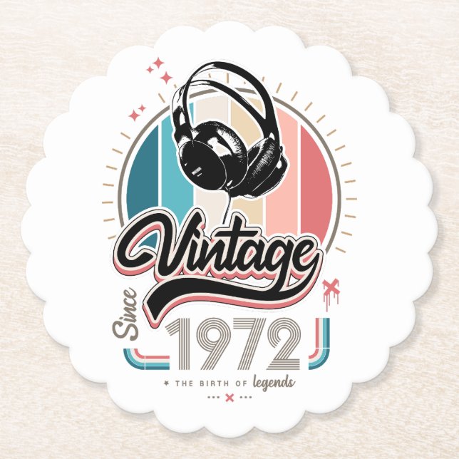 Vintage since 1972 headphones paper coaster (Front)