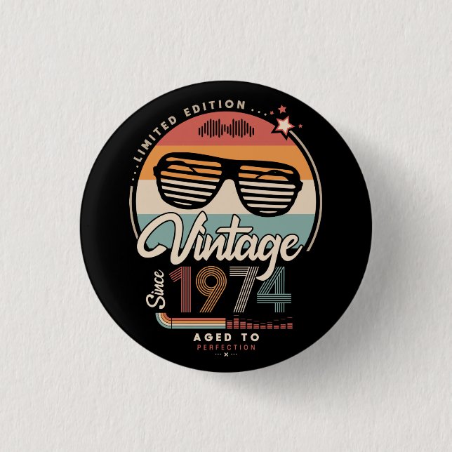 Vintage since 1974 3 cm round badge (Front)