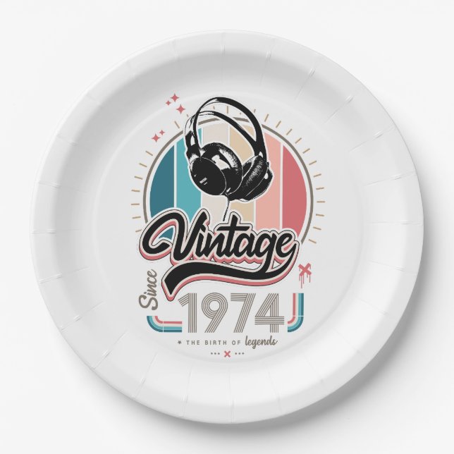 Vintage since 1974 headphones paper plate (Front)