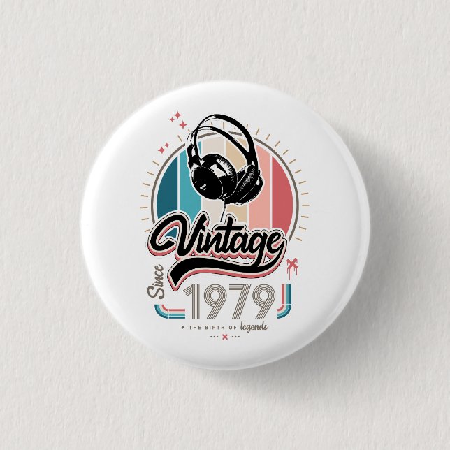 Vintage since 1979 headphones 3 cm round badge (Front)