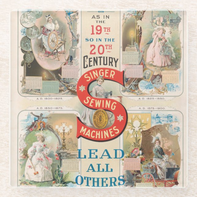 Vintage Singer Sewing Machine Ad Glass Coaster (Front)