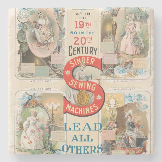Vintage Singer Sewing Machine Ad Stone Coaster (Front)