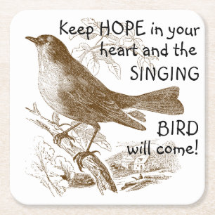 Vintage Singing Bird 'Keep Hope in Your Heart' Square Paper Coaster