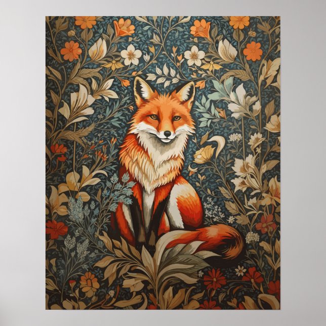 Vintage Sitting Fox William Morris Inspired Floral Poster (Front)