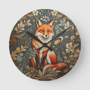 Vintage Sitting Fox William Morris Inspired Floral Round Clock