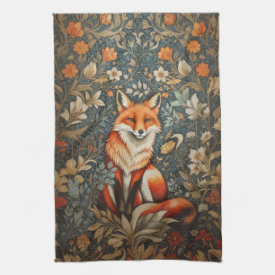Vintage Sitting Fox William Morris Inspired Floral Tea Towel