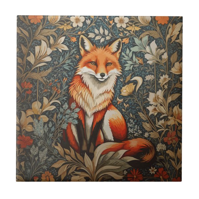 Vintage Sitting Fox William Morris Inspired Floral Tile (Front)