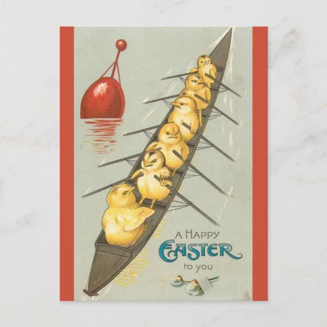 Vintage Six Chicks in a Boat Easter Postcard (Front)