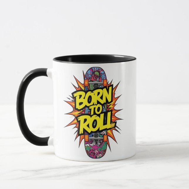 Vintage Skateboard "Born to Roll" Graphic Mug (Left)