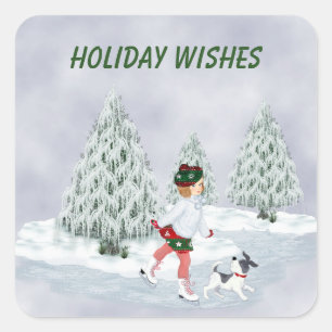 Vintage Skating Girl and Dog Square Sticker