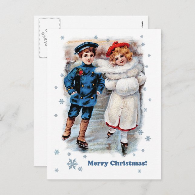 Vintage Skating Kids Christmas  Holiday Postcard (Front/Back)
