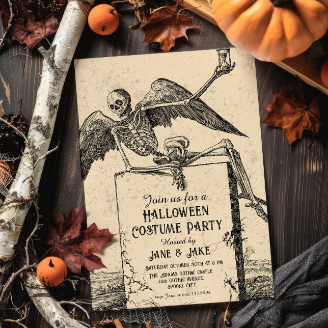 Vintage Skeleton Adult Halloween Party Invitation  (Creator Uploaded)